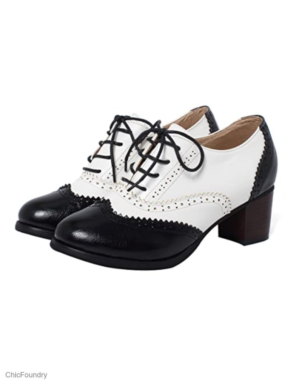 Retro Wingtip Lace Up Block Heel Oxfords Pumps Round Toe Chunky Shoes for Women